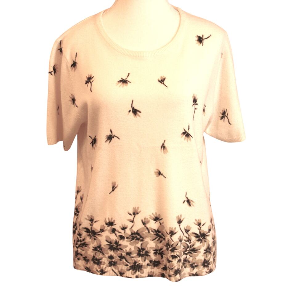 VTG Sag Harbor Floral Print Short Sleeve Sweater Size Large Cream Black